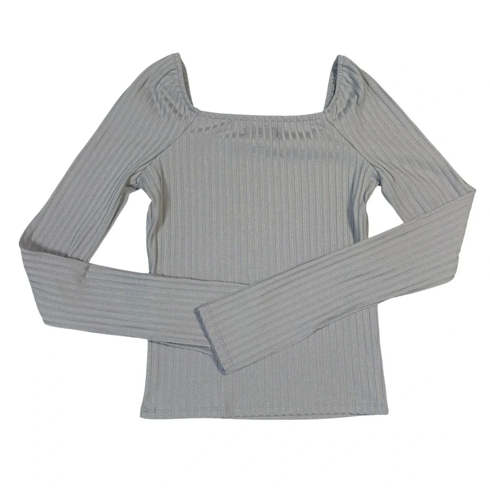 Madewell Ribbed Square Neck Puff Sleeve Top Blue Grey XS CKP477262429